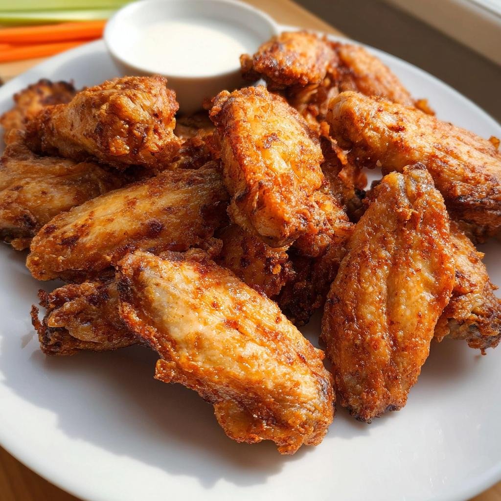 A pile of golden brown, crispy air fryer chicken wings served on a white plate with a small bowl of dipping sauce.