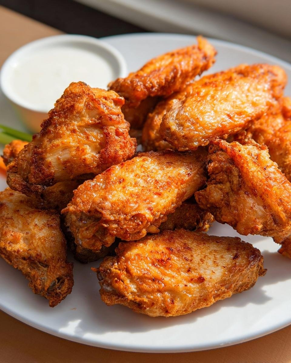 A close-up of perfectly golden and crispy air fryer chicken wings piled on a white plate with a side of dipping sauce.
