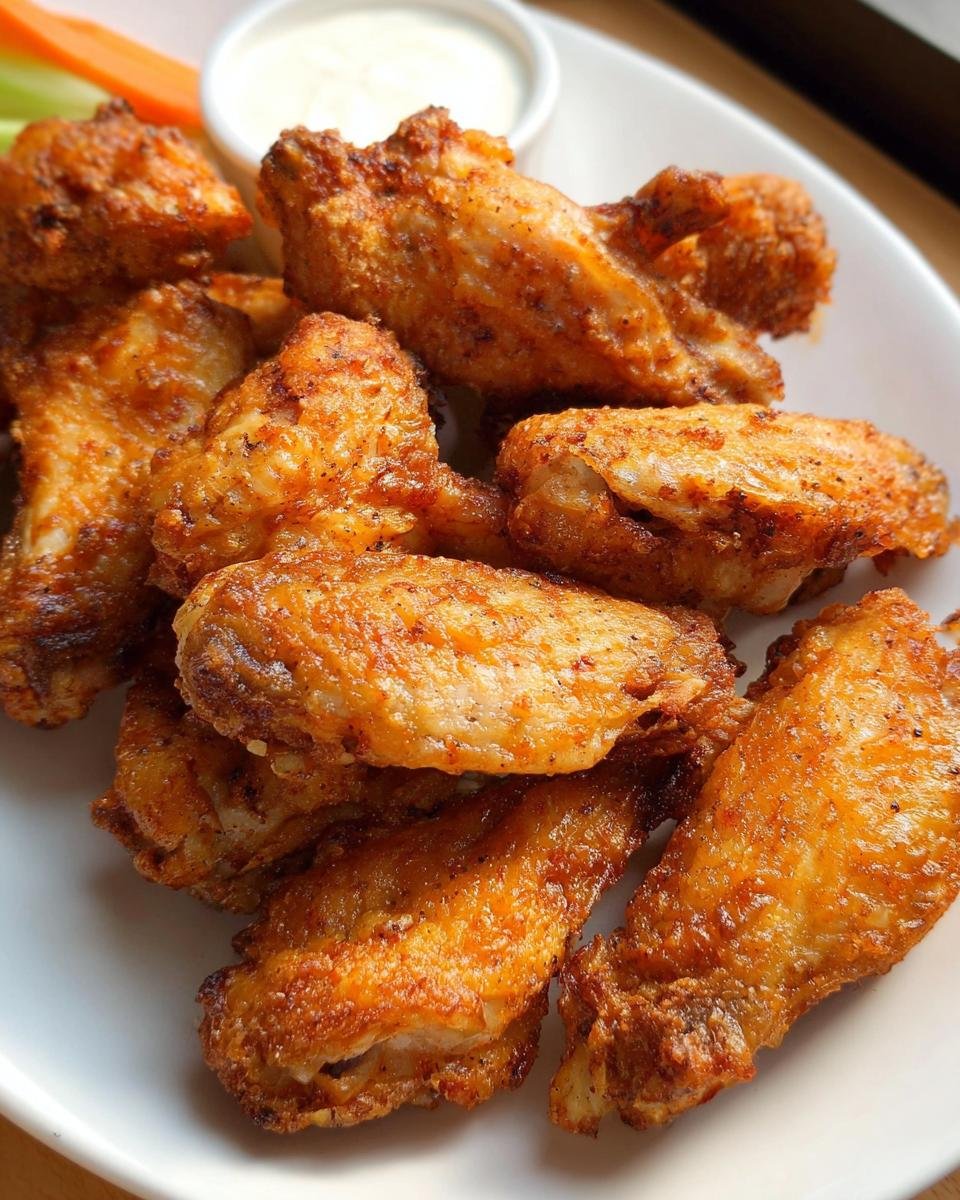 Close-up of golden brown, perfectly Crispy Air Fryer Chicken Wings served on a white plate with dipping sauce.