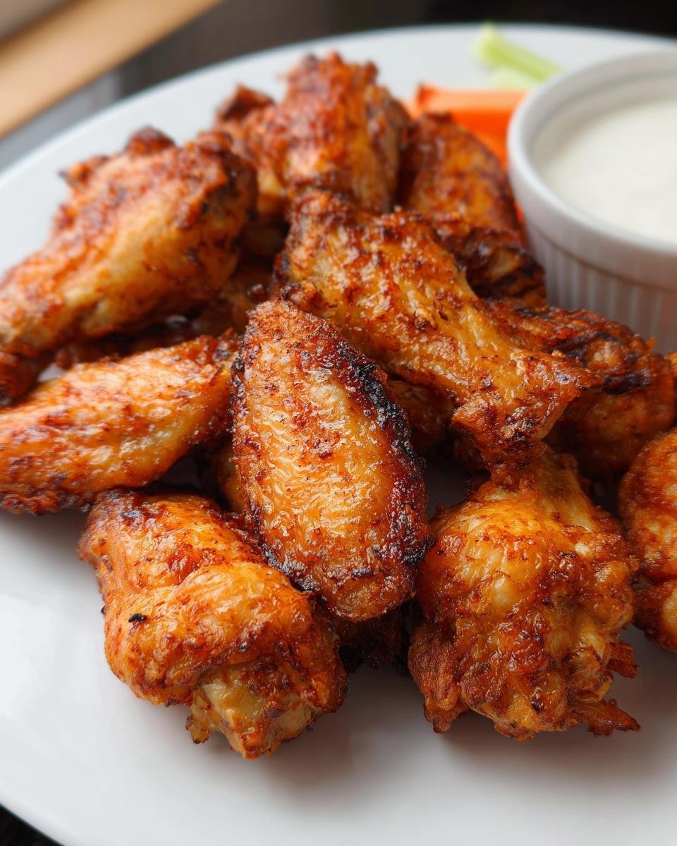 A close-up of perfectly golden and crispy Air Fryer Chicken Wings served with a side of ranch dip and vegetable sticks.
