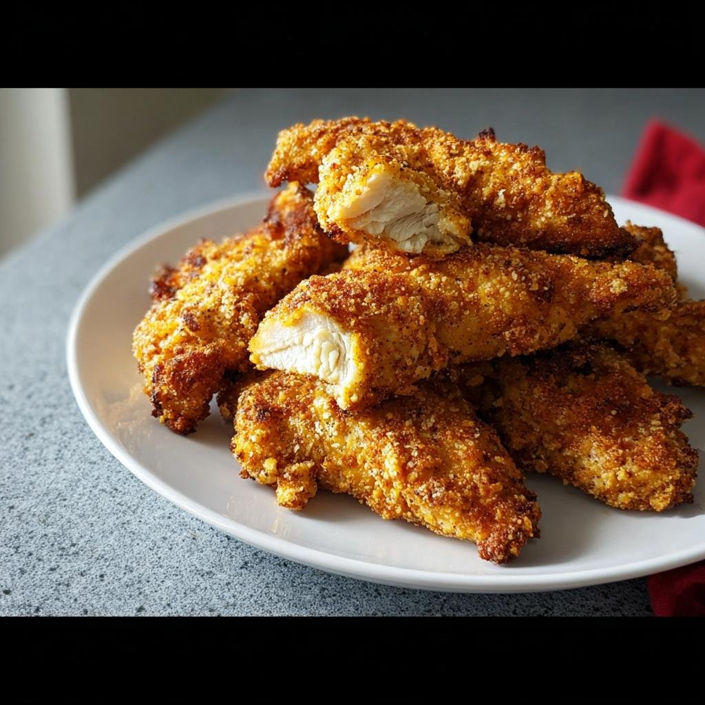 A pile of golden brown, crispy baked chicken tenders on a white plate, one is broken open showing juicy white meat.