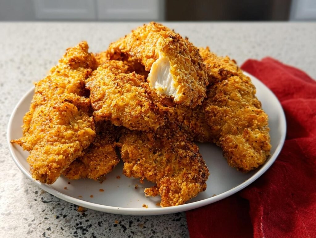 A pile of golden brown, crispy baked chicken tenders on a white plate, one piece broken open to show white meat.