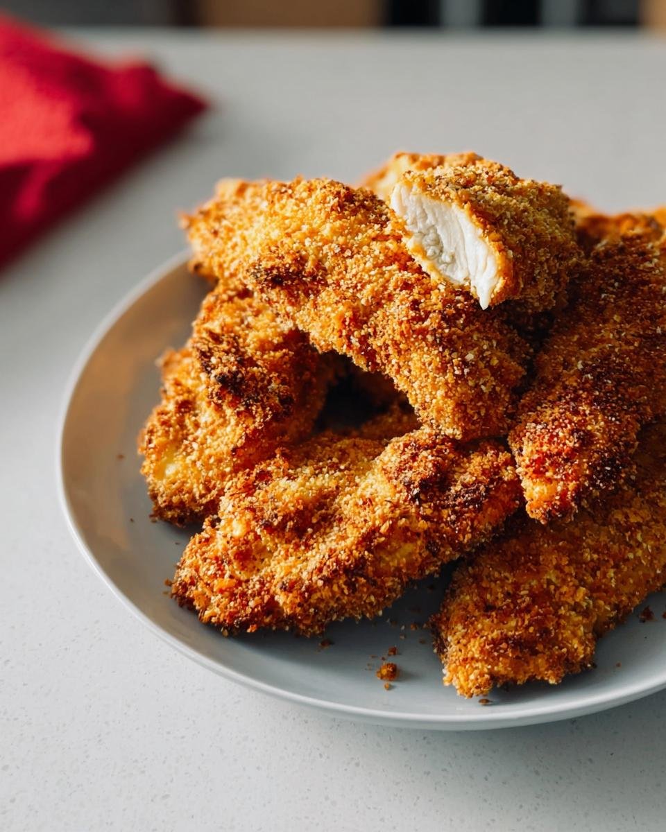 A pile of golden brown, crispy baked chicken tenders on a light blue plate, one tender is broken open showing white meat.