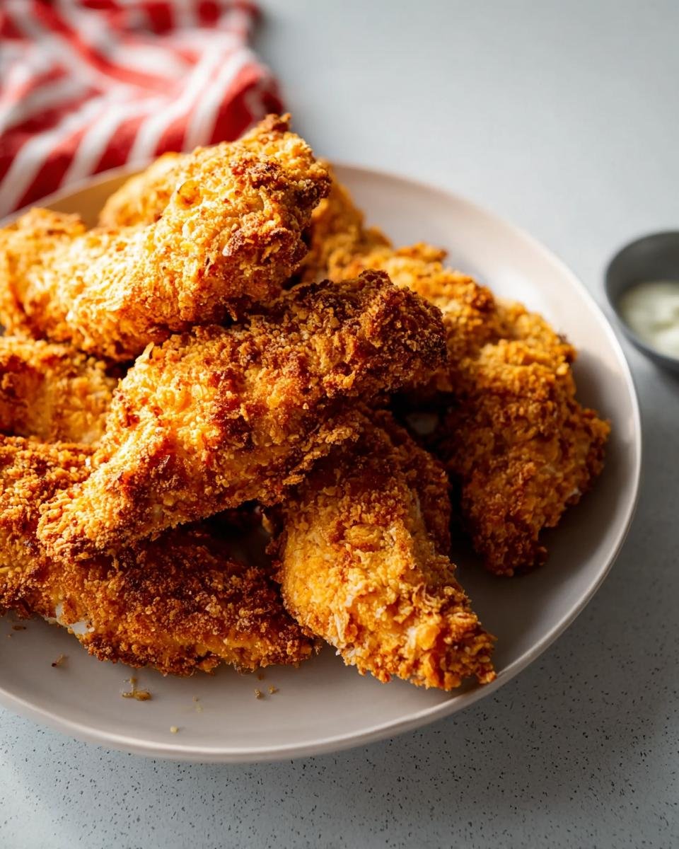 A plate piled high with golden brown, extra crispy baked chicken tenders, ready to eat.