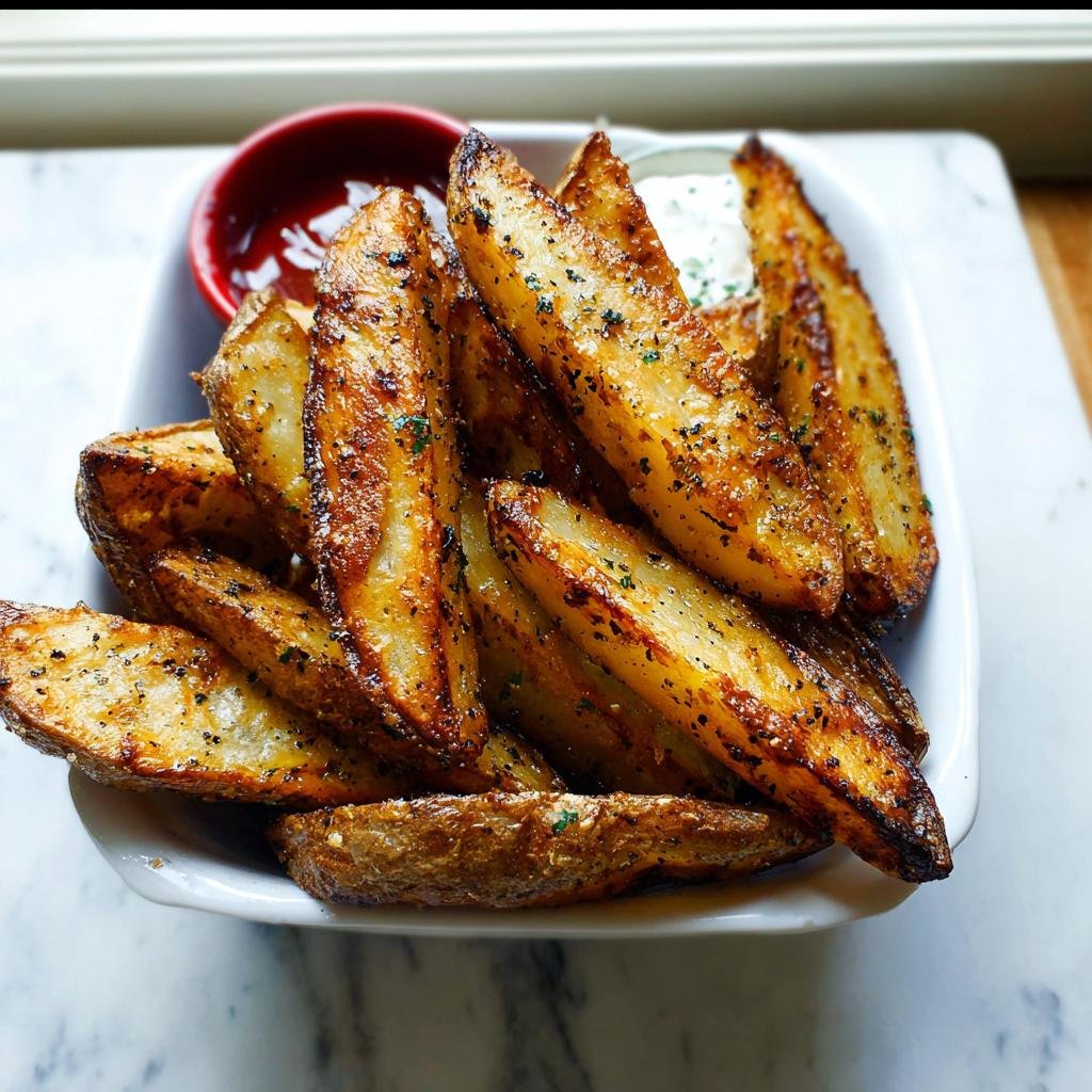 A white bowl filled with golden brown, seasoned Crispy Baked Potato Wedges served with dipping sauces.