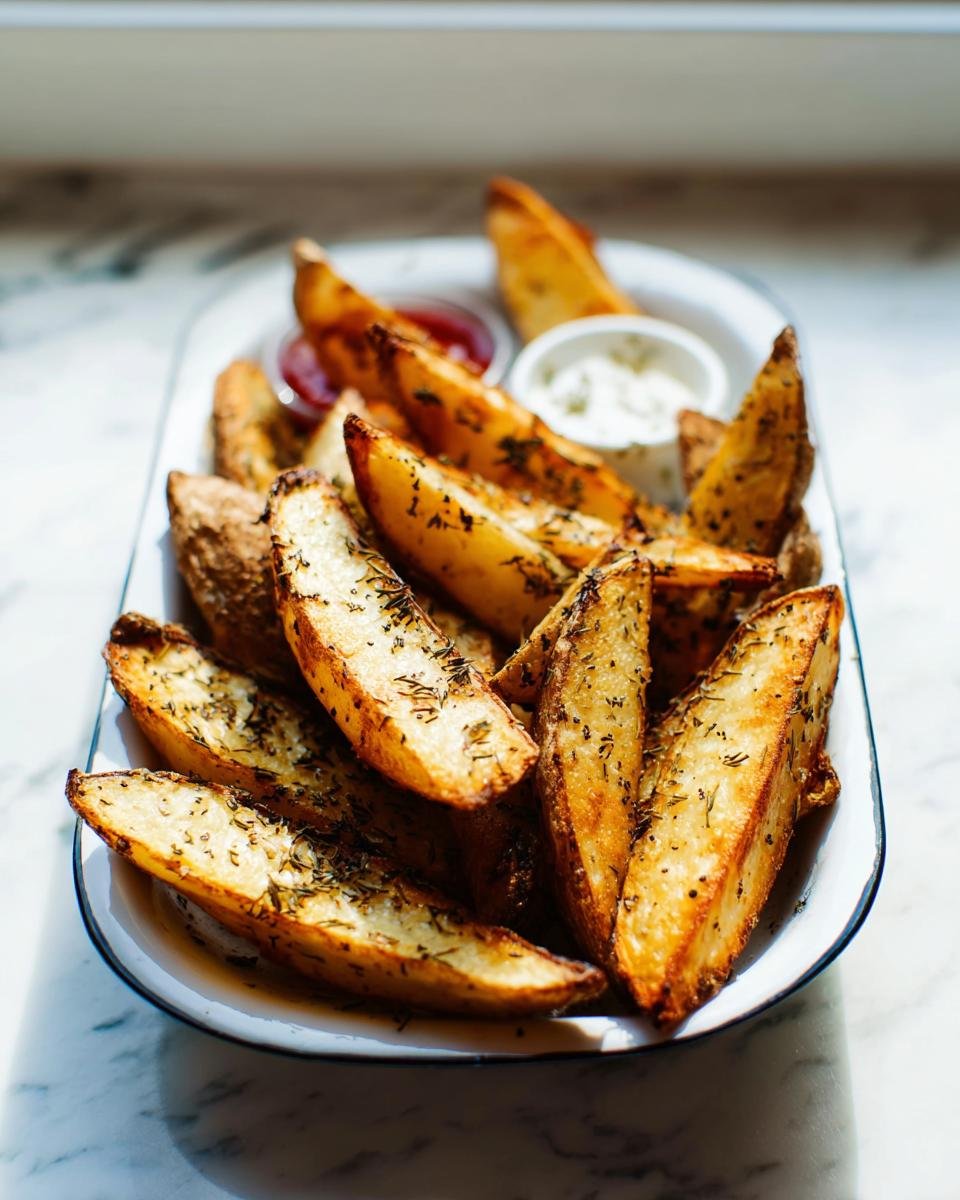 A platter of golden brown, seasoned Crispy Baked Potato Wedges served with ketchup and a white dipping sauce.