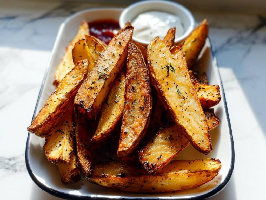 A close-up of golden brown, seasoned Crispy Baked Potato Wedges served on a white platter with dipping sauces.
