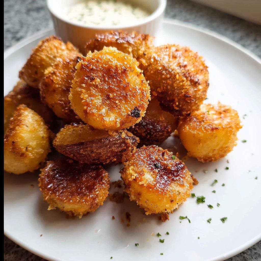 Close-up of golden brown Crispy Crunchy Parmesan Potatoes piled on a white plate with a dipping sauce in the background.