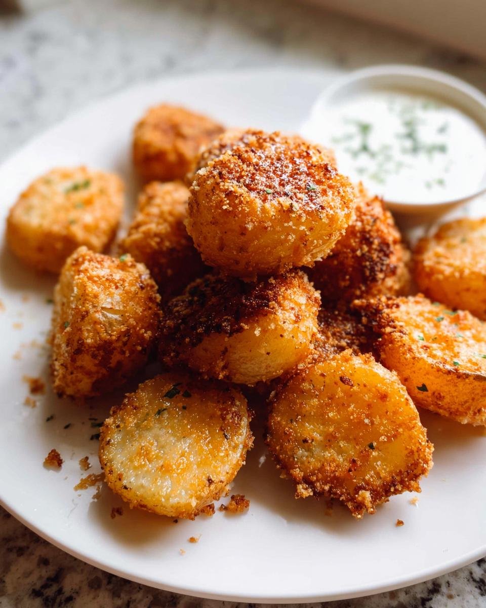 A pile of golden brown Crispy Crunchy Parmesan Potatoes served on a white plate with a side of dipping sauce.
