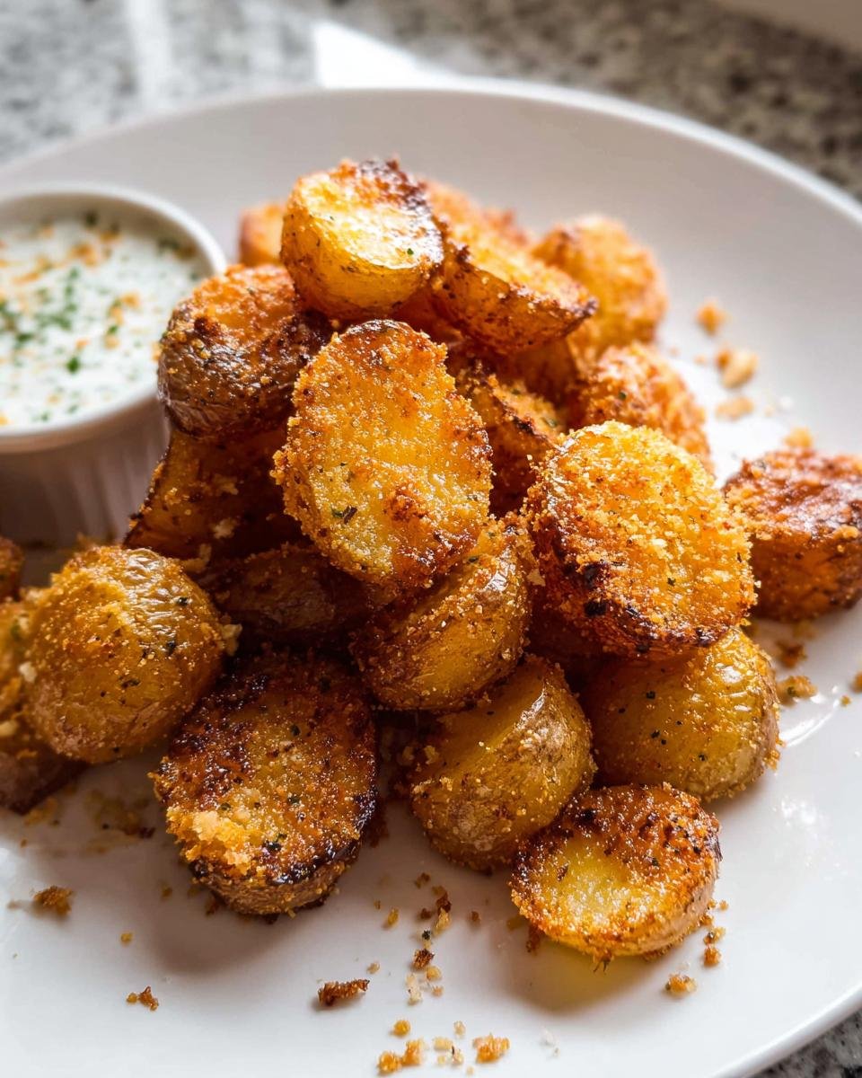 A close-up of perfectly roasted Crispy Crunchy Parmesan Potatoes piled high on a white plate, served with a side of dipping sauce.