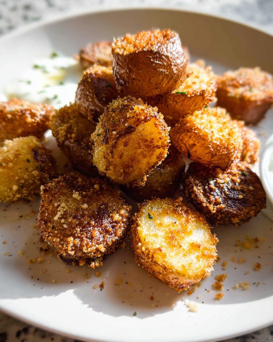 A pile of Crispy Crunchy Parmesan Potatoes, roasted golden brown and coated in visible Parmesan crumbs.