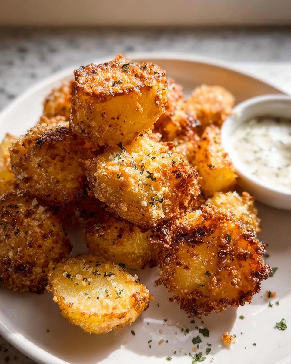 A close-up of golden brown Crispy Crunchy Parmesan Potatoes piled high on a white plate next to a dipping sauce.