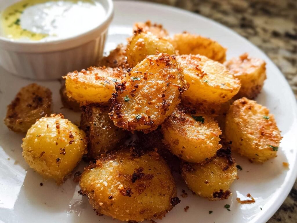 Close-up of golden, oven-roasted Crispy Crunchy Parmesan Potatoes served on a white plate with a side of dipping sauce.