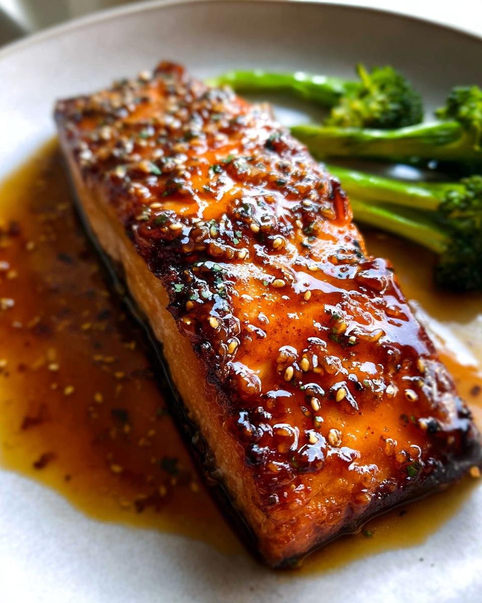Close-up of a Crispy Honey Garlic Glazed Salmon fillet covered in sticky sauce and sesame seeds, served with broccoli.