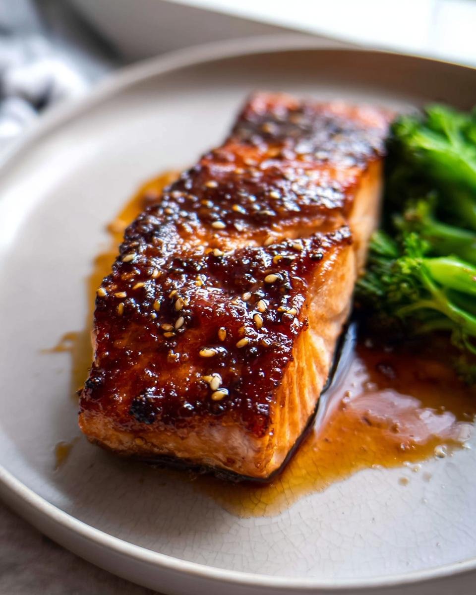 Close-up of a Crispy Honey Garlic Glazed Salmon Recipe fillet topped with sesame seeds, served with broccoli.