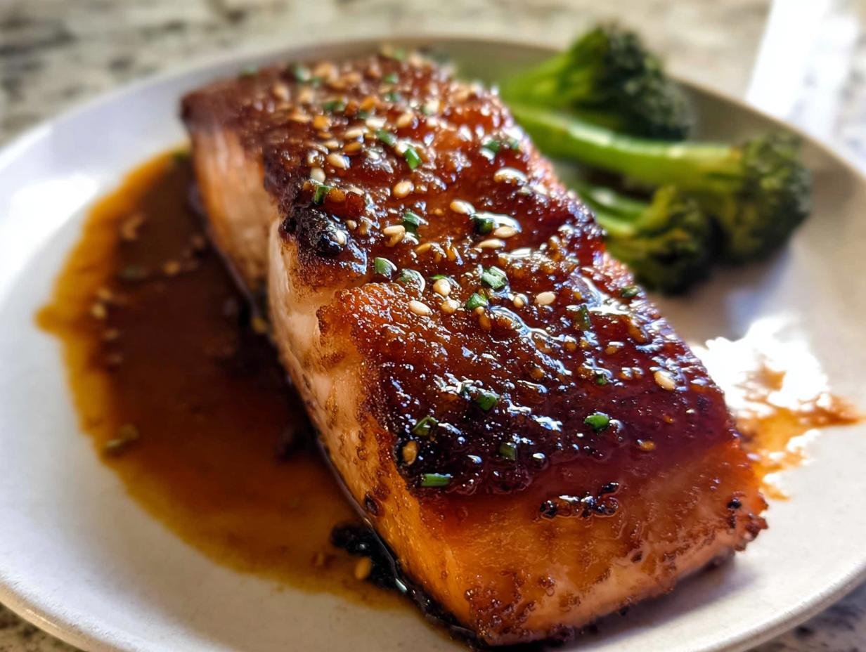A close-up of Crave-Worthy salmon recipes: Crispy Honey Garlic Glazed Salmon Recipe Without the Fuss, perfectly glazed and topped with sesame seeds.