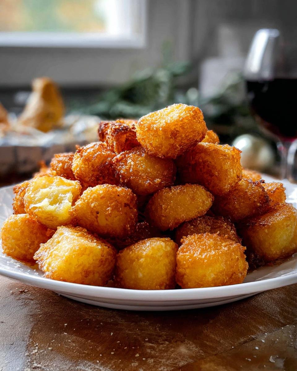 A mound of golden, crispy roast potatoes piled high on a white plate, ready to eat.