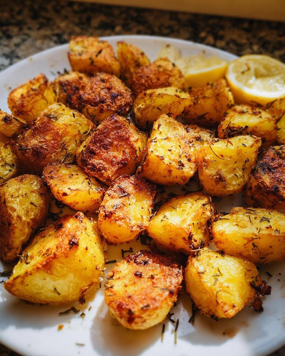 A plate piled high with golden, crispy roast potatoes seasoned with herbs, served with lemon wedges.