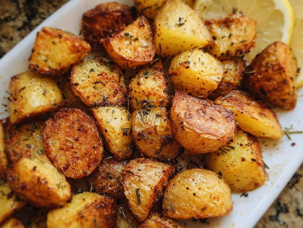 Close-up of golden brown, crispy roast potatoes seasoned with herbs, ready to serve.