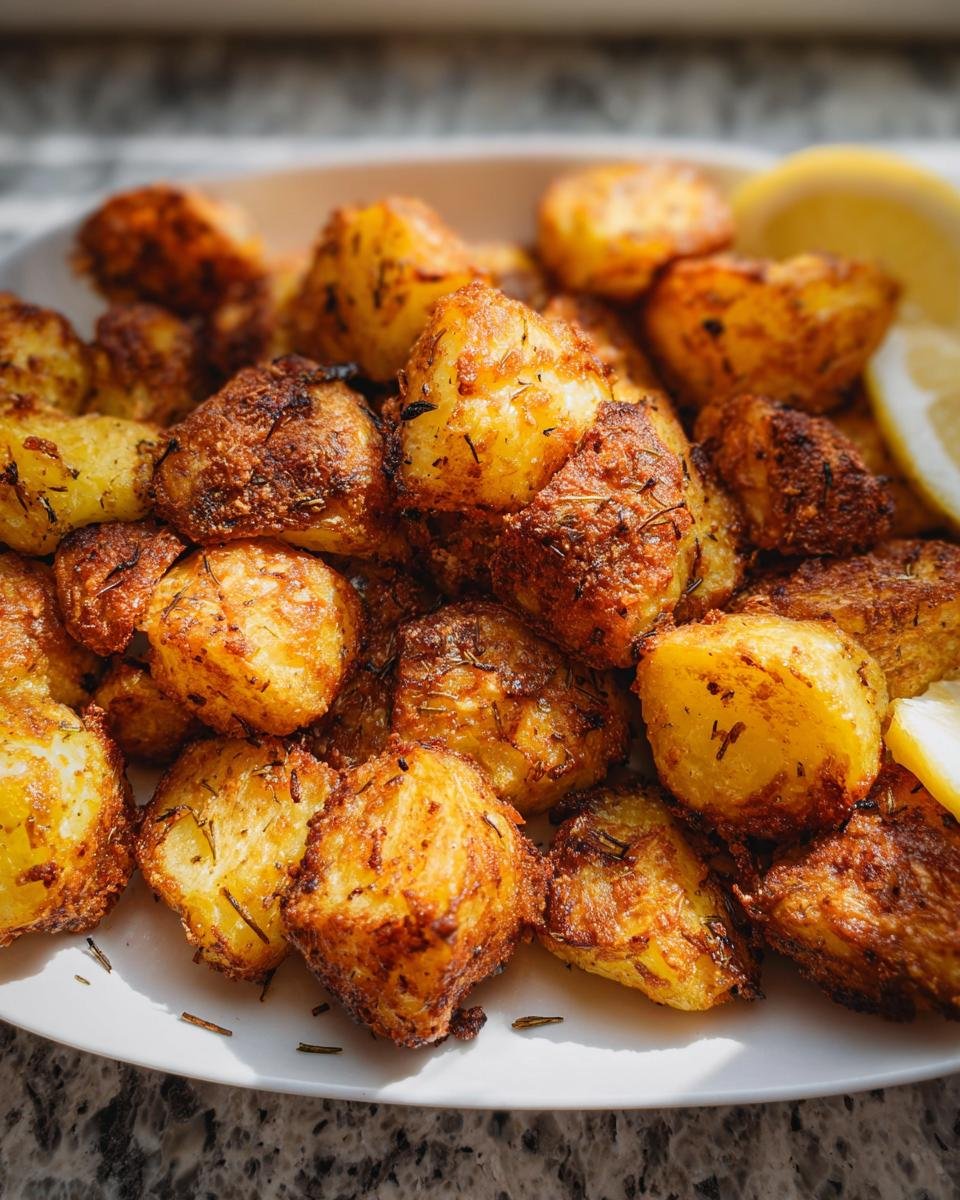Pile of golden brown, crispy roast potatoes seasoned with herbs, served on a white plate with lemon wedges.