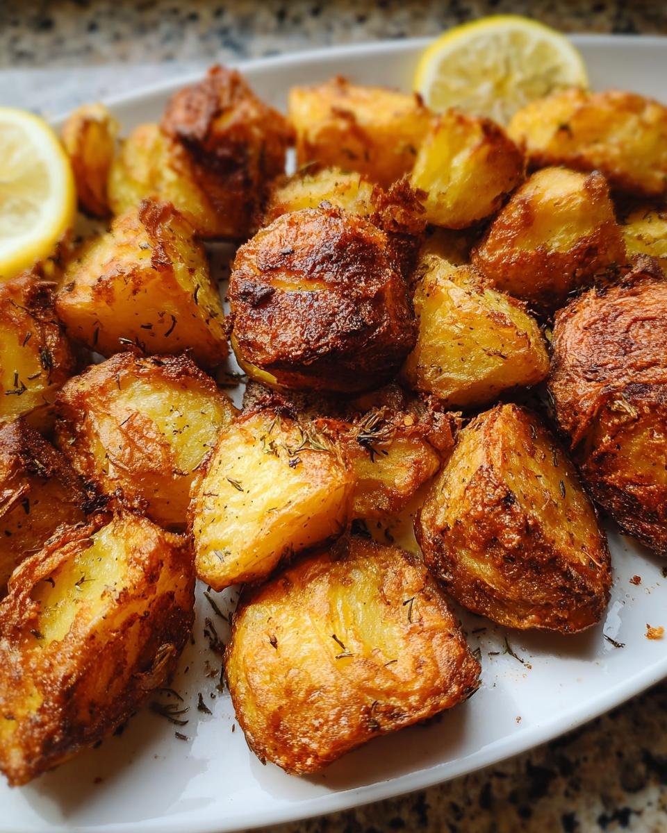 Close-up of Irresistibly Crispy Roast Potatoes Recipe, golden brown and seasoned with herbs, served with lemon slices.
