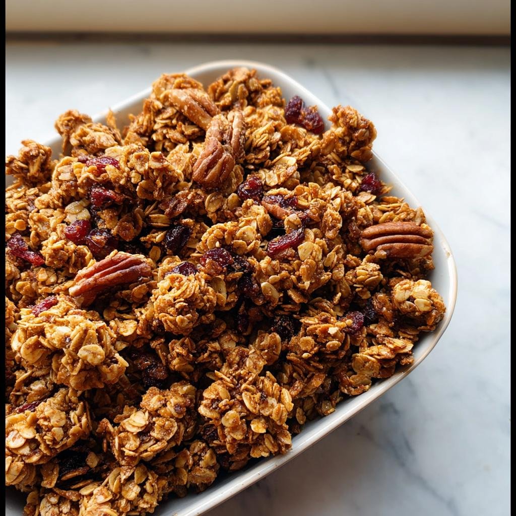 Close-up of a bowl filled with golden brown, clumpy Crunchy Homemade Granola mixed with pecans and dried cranberries.