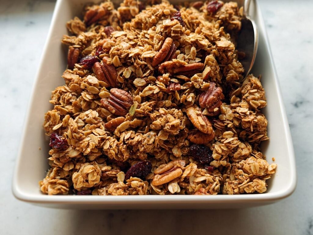 A close-up of a white bowl filled with golden, Crunchy Homemade Granola mixed with whole pecans and dried cranberries.