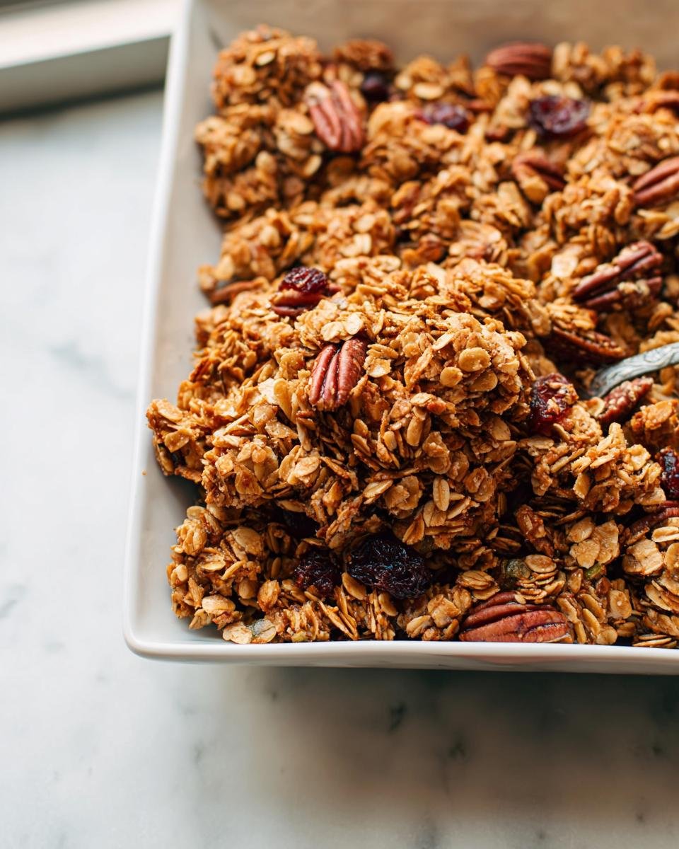 Close-up of golden brown clusters of Crunchy Homemade Granola mixed with pecans and dried cranberries in a white dish.