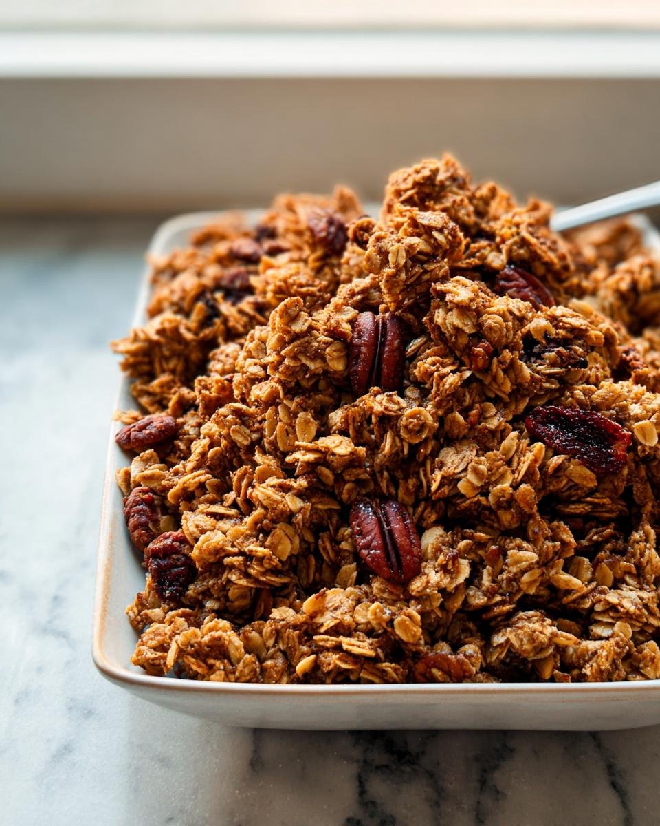 A close-up of a bowl overflowing with golden brown Crunchy Homemade Granola featuring pecans and dried fruit.