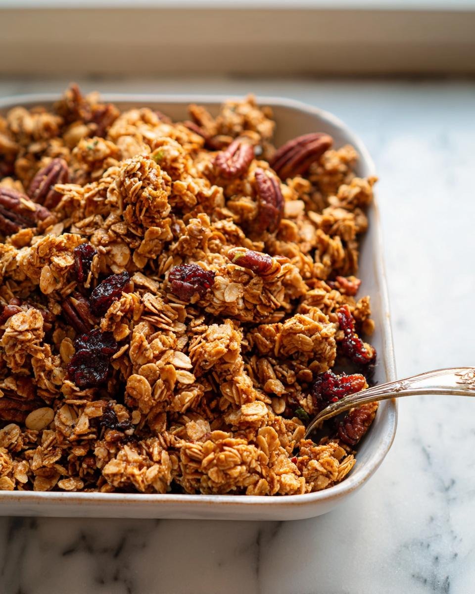 A close-up view of golden clusters of Crunchy Homemade Granola mixed with pecans and dried cranberries in a white dish.