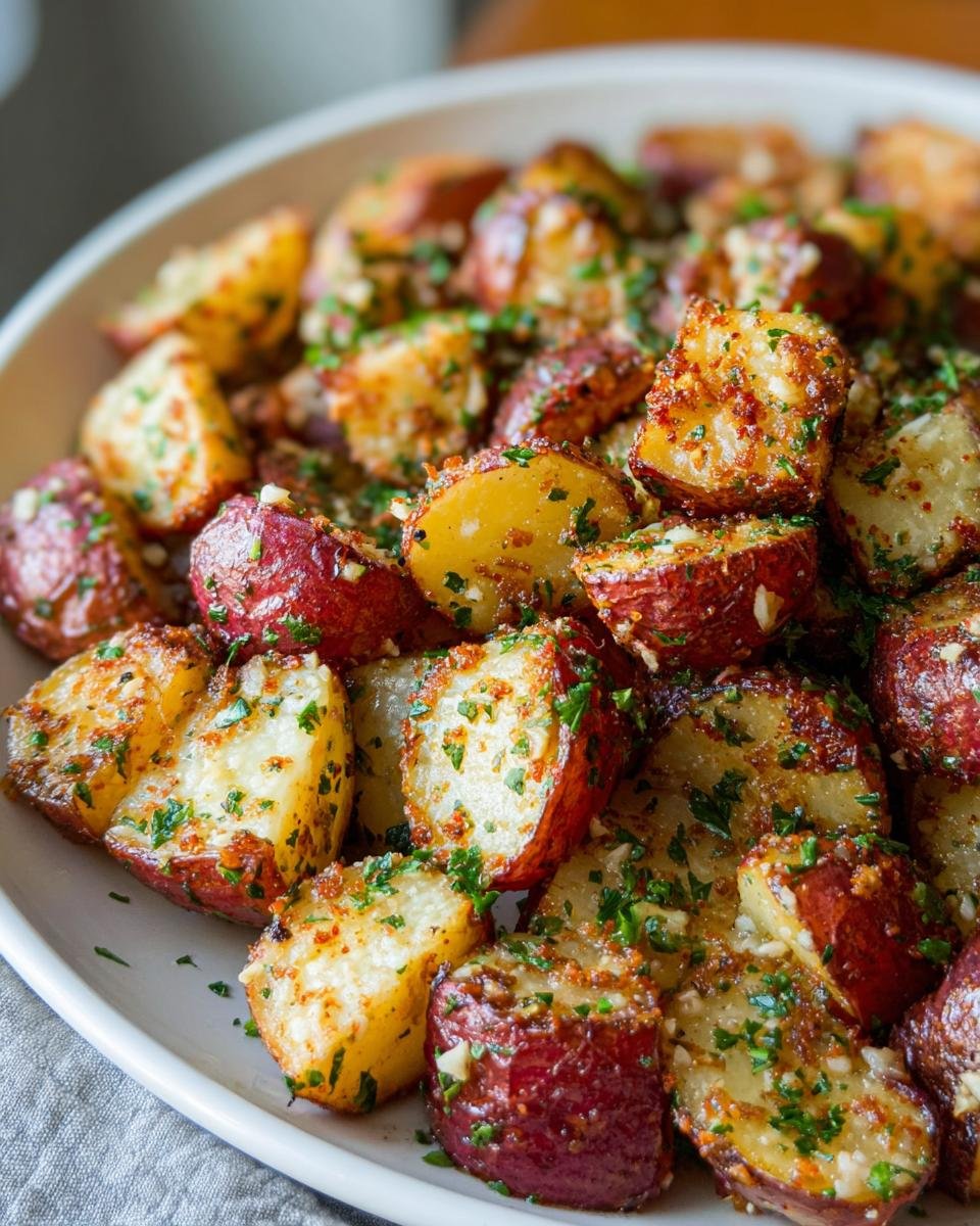 Close-up of roasted red potatoes seasoned with garlic, herbs, and Parmesan, perfect for dorm-friendly potato recipes.