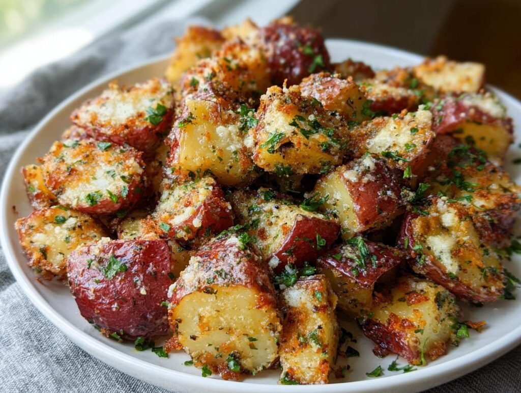 A white plate piled high with roasted red potatoes coated in Parmesan cheese, garlic, and fresh herbs.