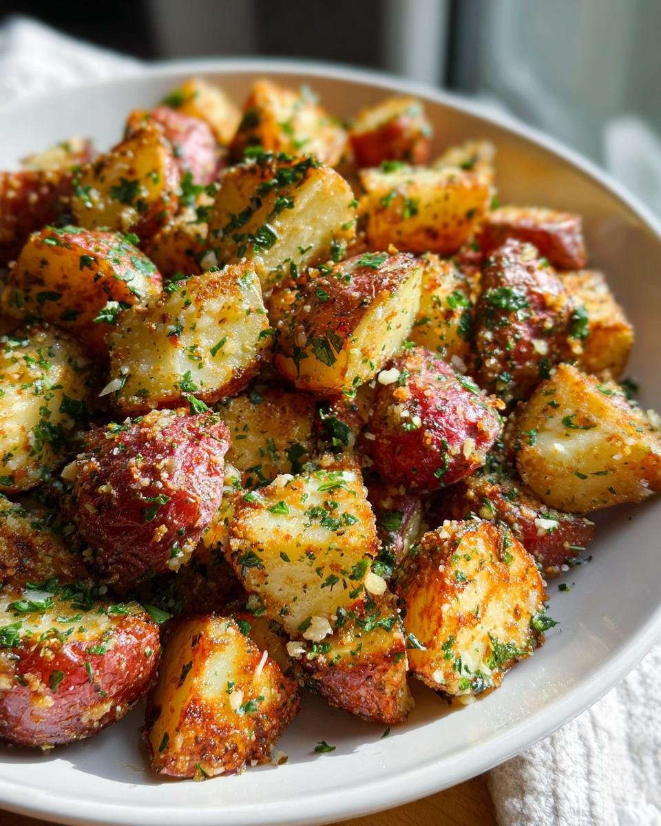 Close-up of roasted red potatoes seasoned with garlic, herbs, and Parmesan cheese, perfect for dorm-friendly potato recipes.