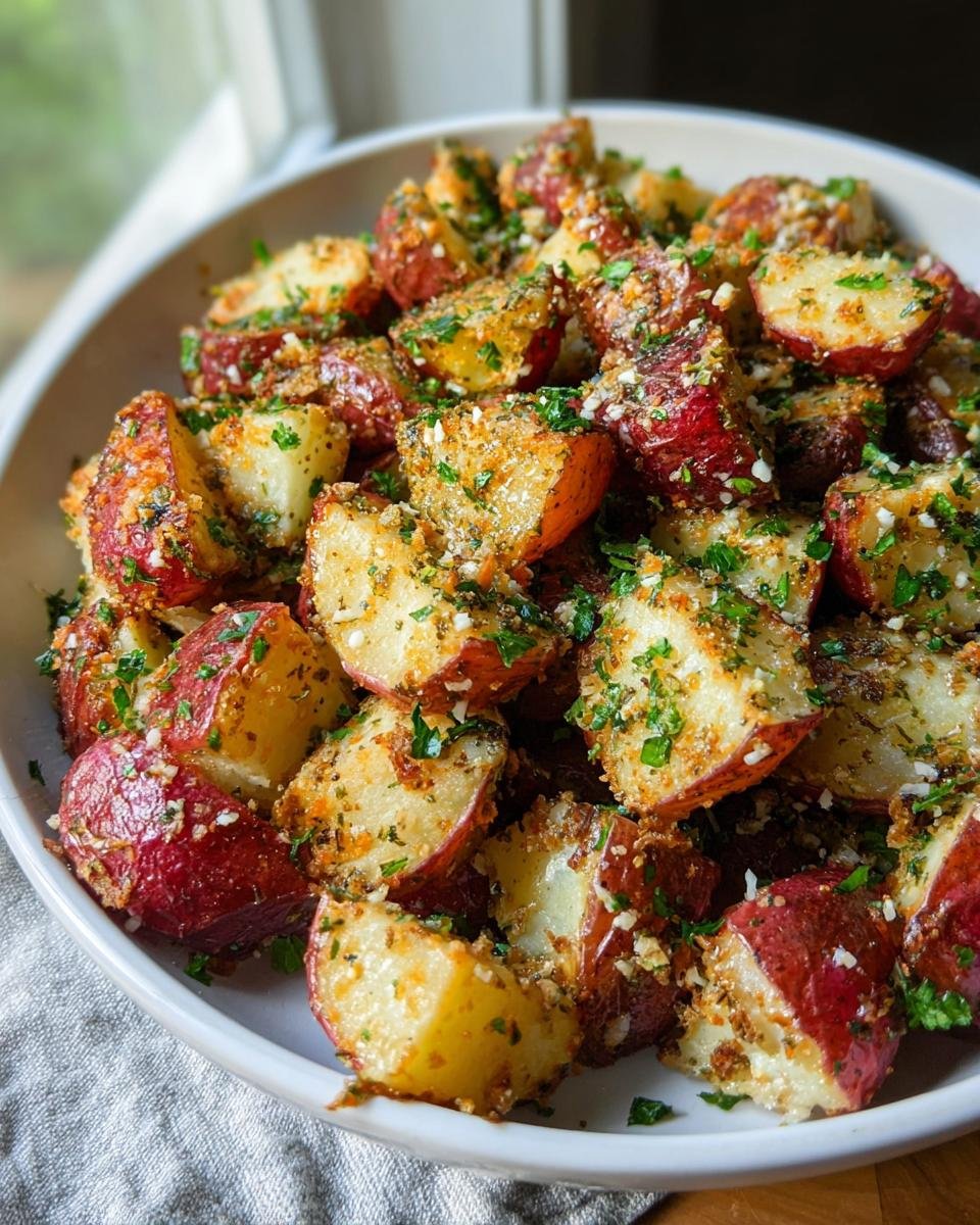 Close-up of roasted red potatoes seasoned with Parmesan, garlic, and herbs, ready to eat.