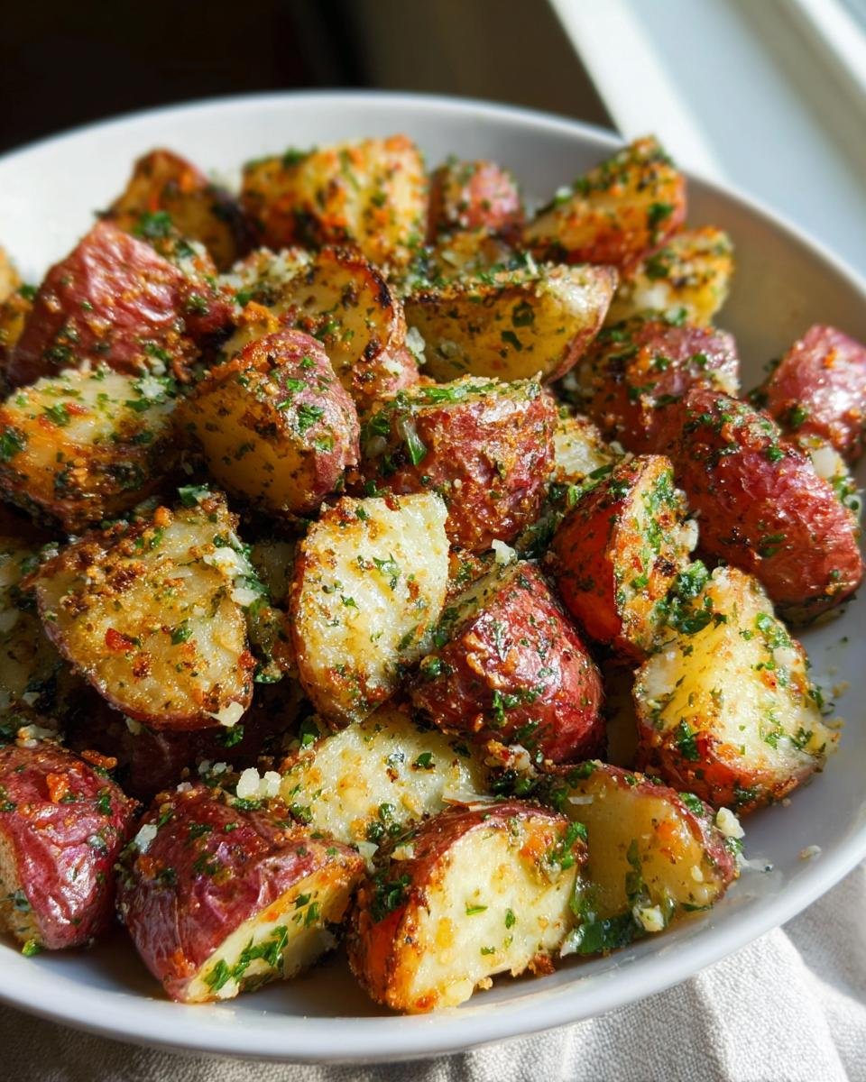 A bowl of roasted red potatoes seasoned with garlic, herbs, and Parmesan cheese, perfect for dorm-friendly potato recipes.