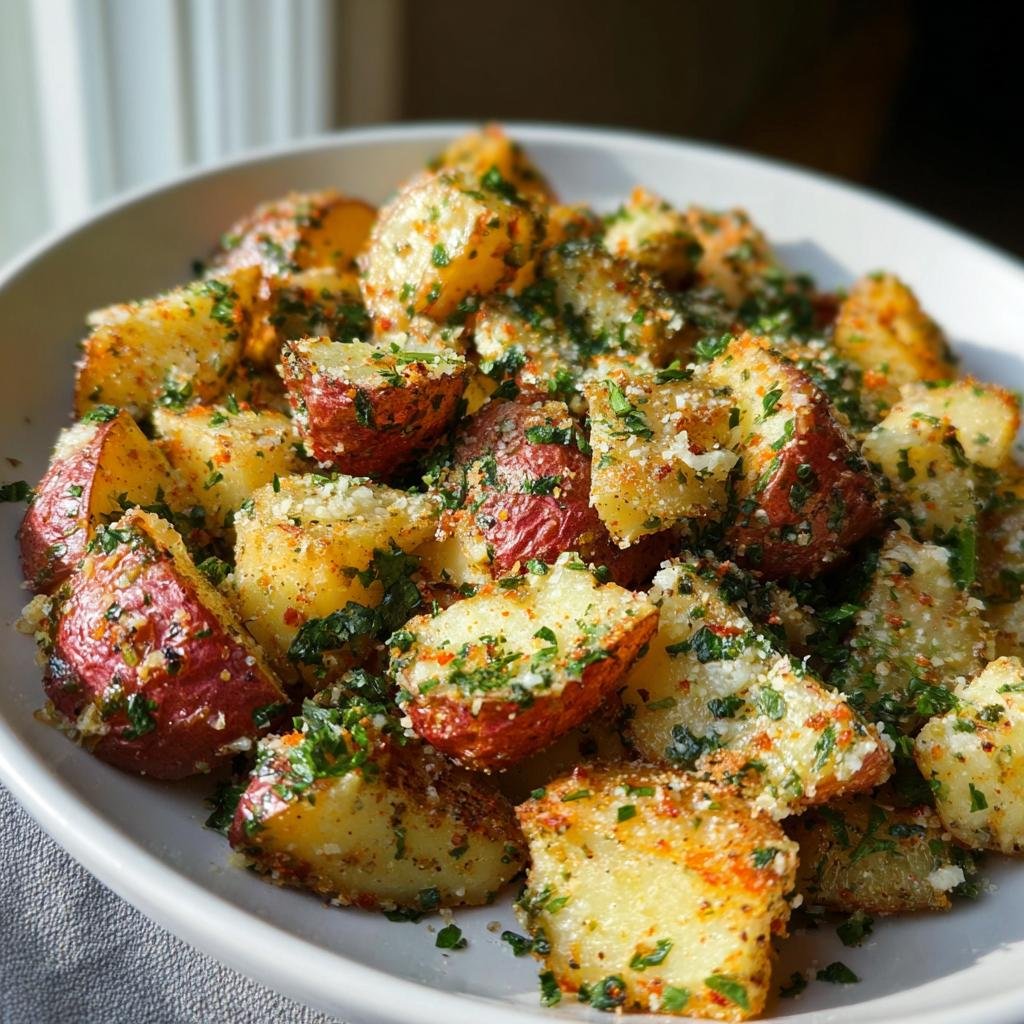 Close-up of roasted red potatoes seasoned with Parmesan, garlic, and herbs, perfect for dorm-friendly potato recipes.