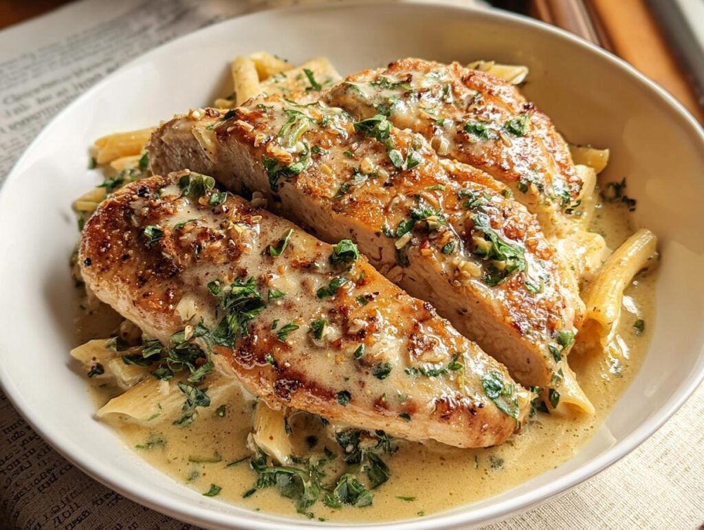 Close-up of Tangy Creamy Lemon Chicken sliced over penne pasta in a rich sauce.