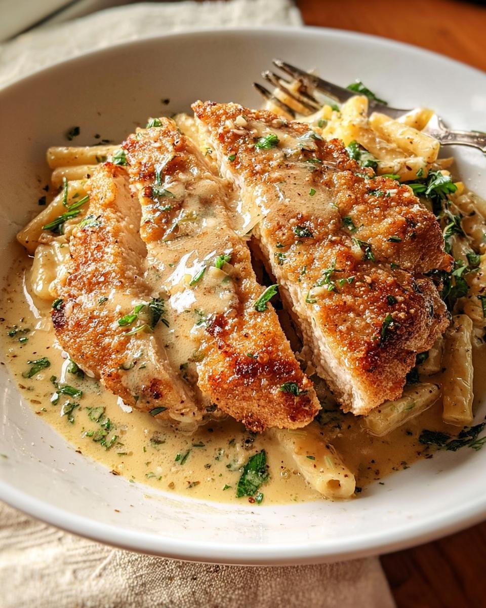 Close-up of Tangy Creamy Lemon Chicken, sliced and served over penne pasta with a rich sauce.