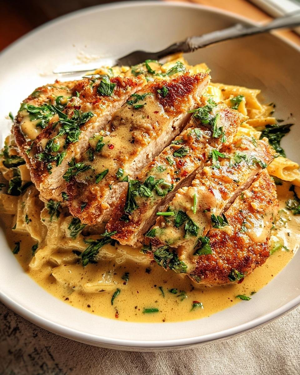Close-up of sliced Tangy Creamy Lemon Chicken served over pasta coated in a rich, yellow sauce and garnished with parsley.