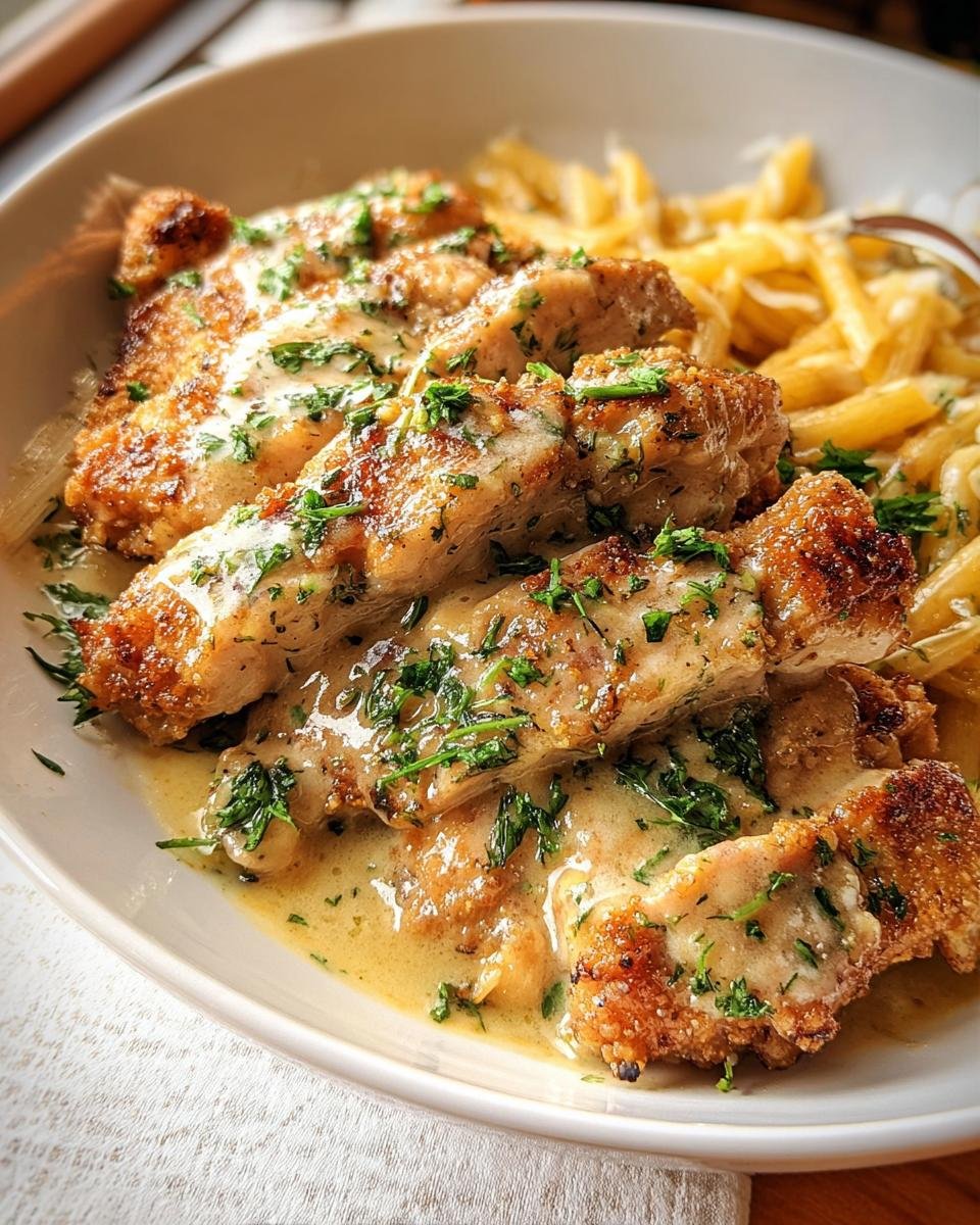 Close-up of golden brown Tangy Creamy Lemon Chicken strips covered in a light sauce and parsley, served with penne pasta.
