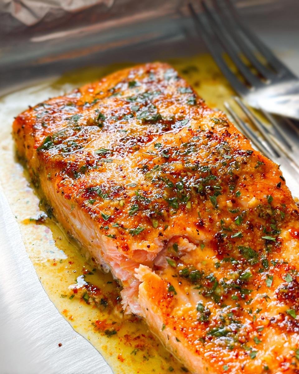 Close-up of perfectly cooked easy baked salmon recipe with lemon and herbs, glistening in butter sauce.
