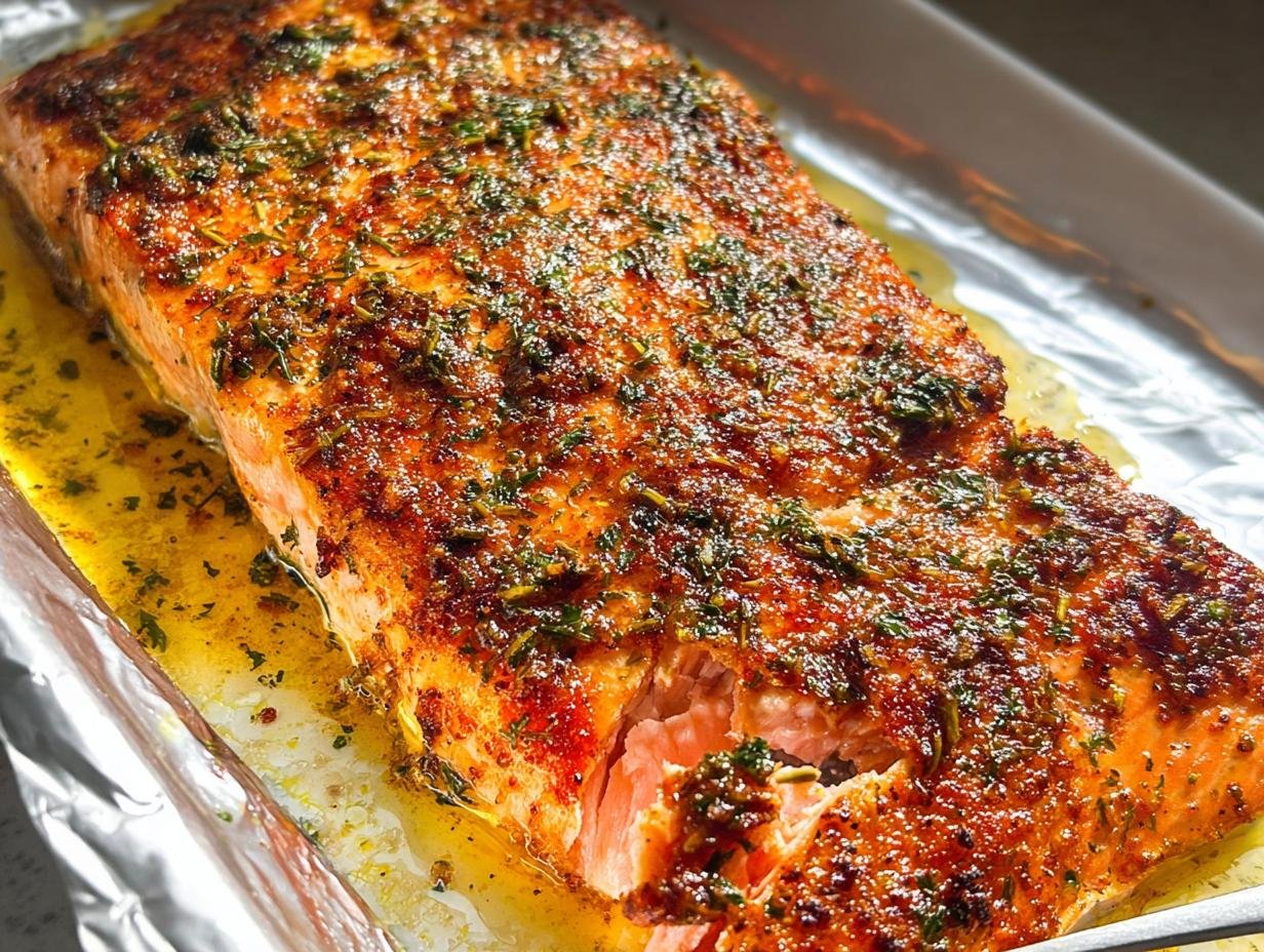 Close-up of a perfectly cooked, herb-crusted fillet in an Easy Baked Salmon Recipe with Lemon and Herbs.