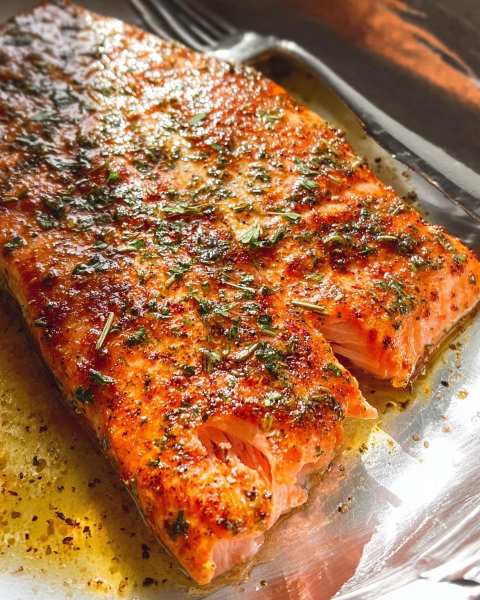 Close-up of perfectly cooked easy baked salmon recipe with lemon and herbs on foil.