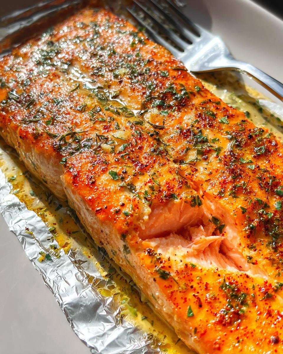 Close-up of a perfectly cooked, flaky baked salmon fillet seasoned with herbs and spices, resting on foil.