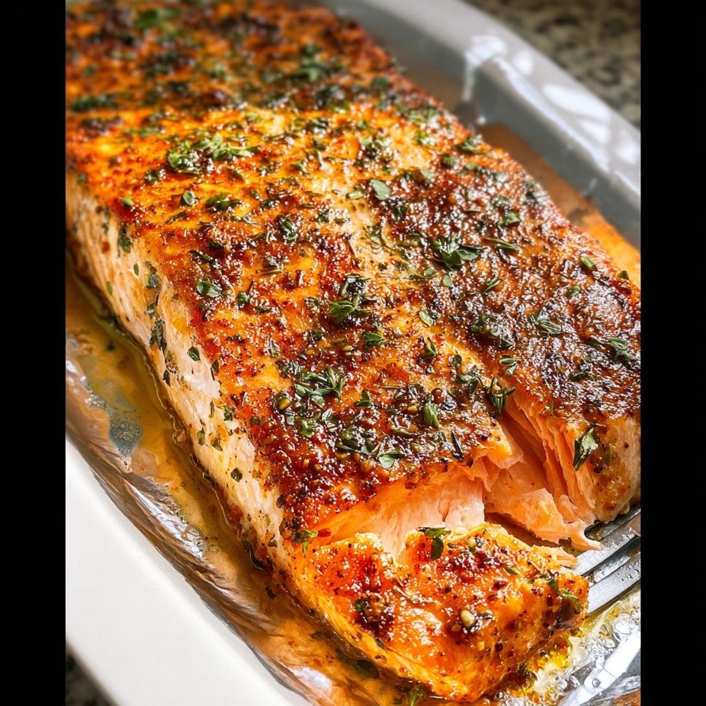 Close-up of perfectly baked salmon fillet seasoned with herbs and lemon, showing moist, flaky texture.
