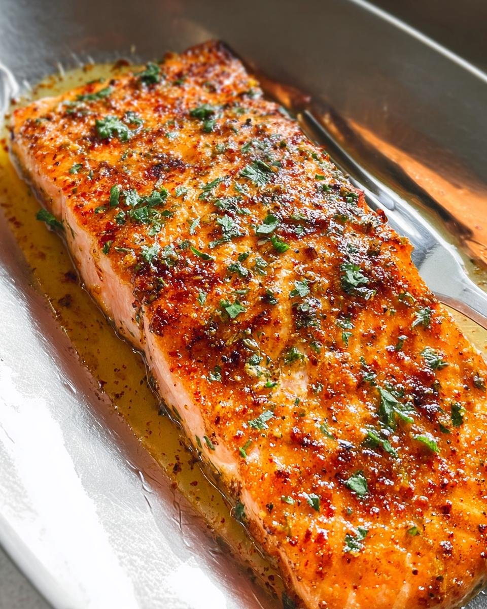 Close-up of a perfectly baked salmon fillet seasoned with herbs and resting in lemon butter sauce.