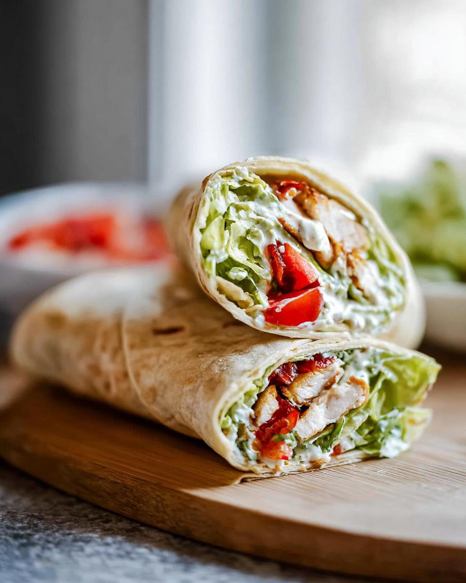 Two halves of an Easy Chicken Caesar Wrap cut on a bias, showing grilled chicken, lettuce, and creamy dressing.
