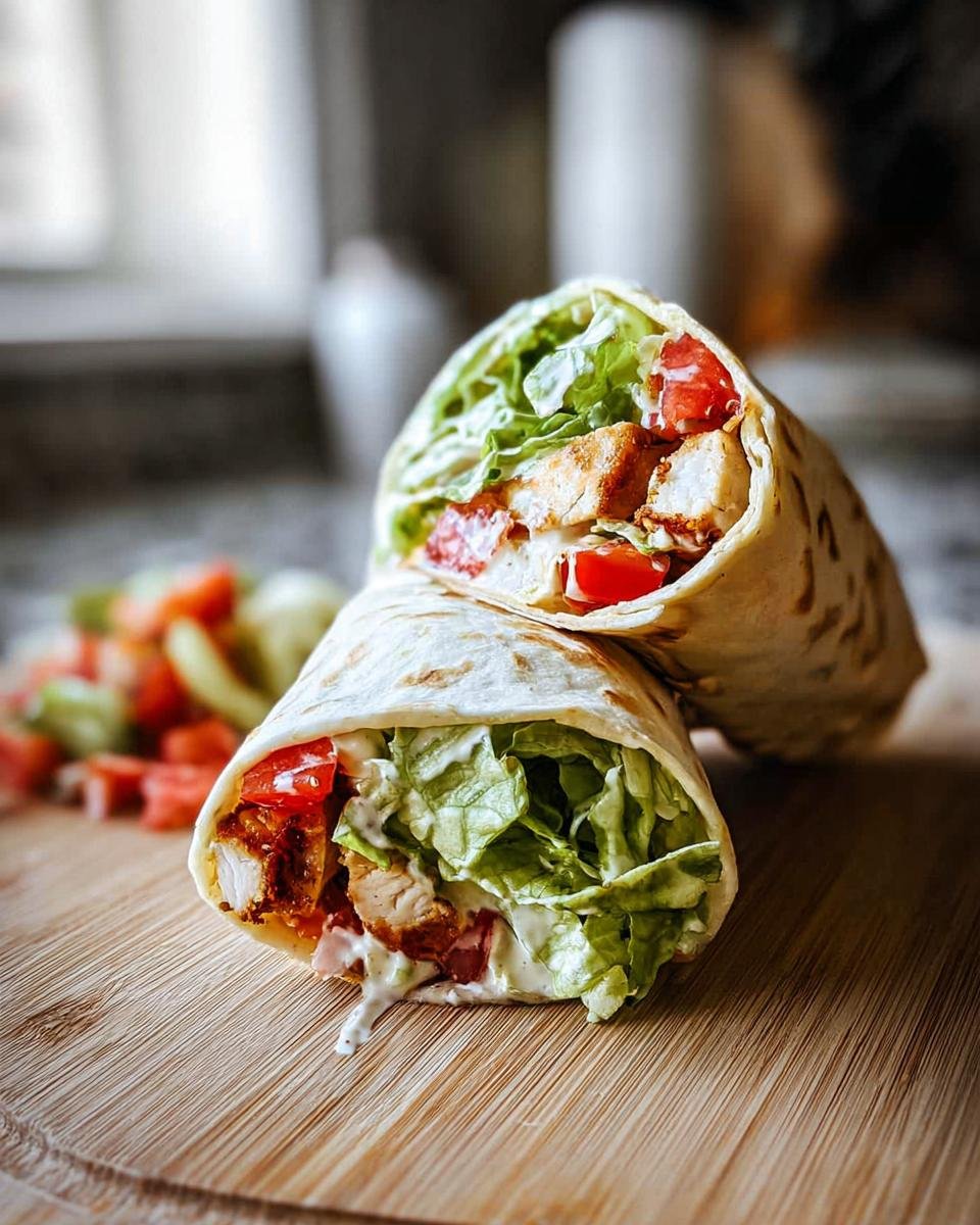 Two halves of an Easy Chicken Caesar Wrap filled with crispy chicken, lettuce, and tomatoes, resting on a wooden board.