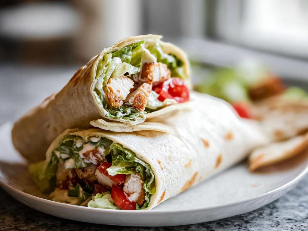 Two halves of an Easy Chicken Caesar Wrap filled with grilled chicken, lettuce, tomatoes, and creamy dressing.
