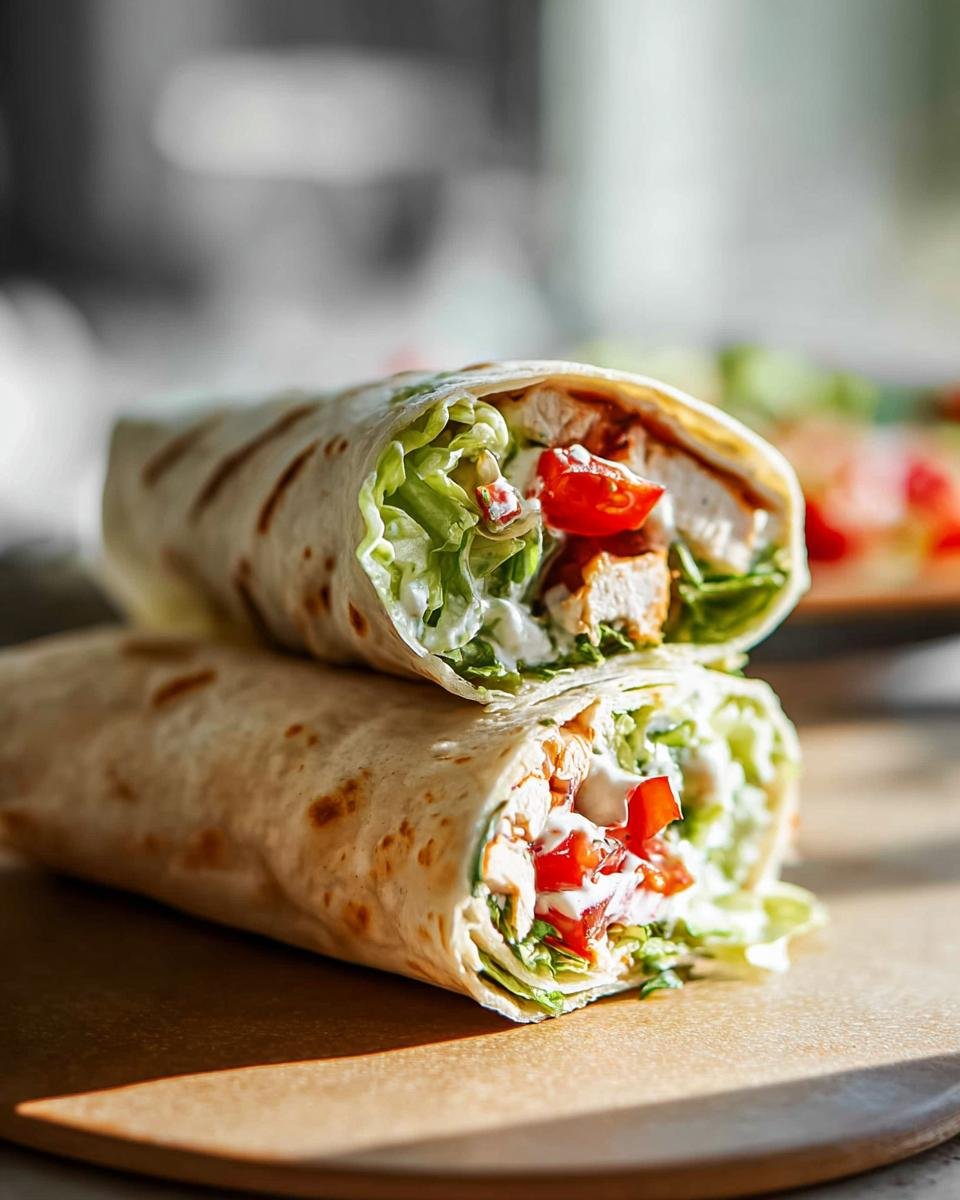 Two halves of an Easy Chicken Caesar Wrap stacked, showing chicken, lettuce, tomato, and dressing inside a tortilla.
